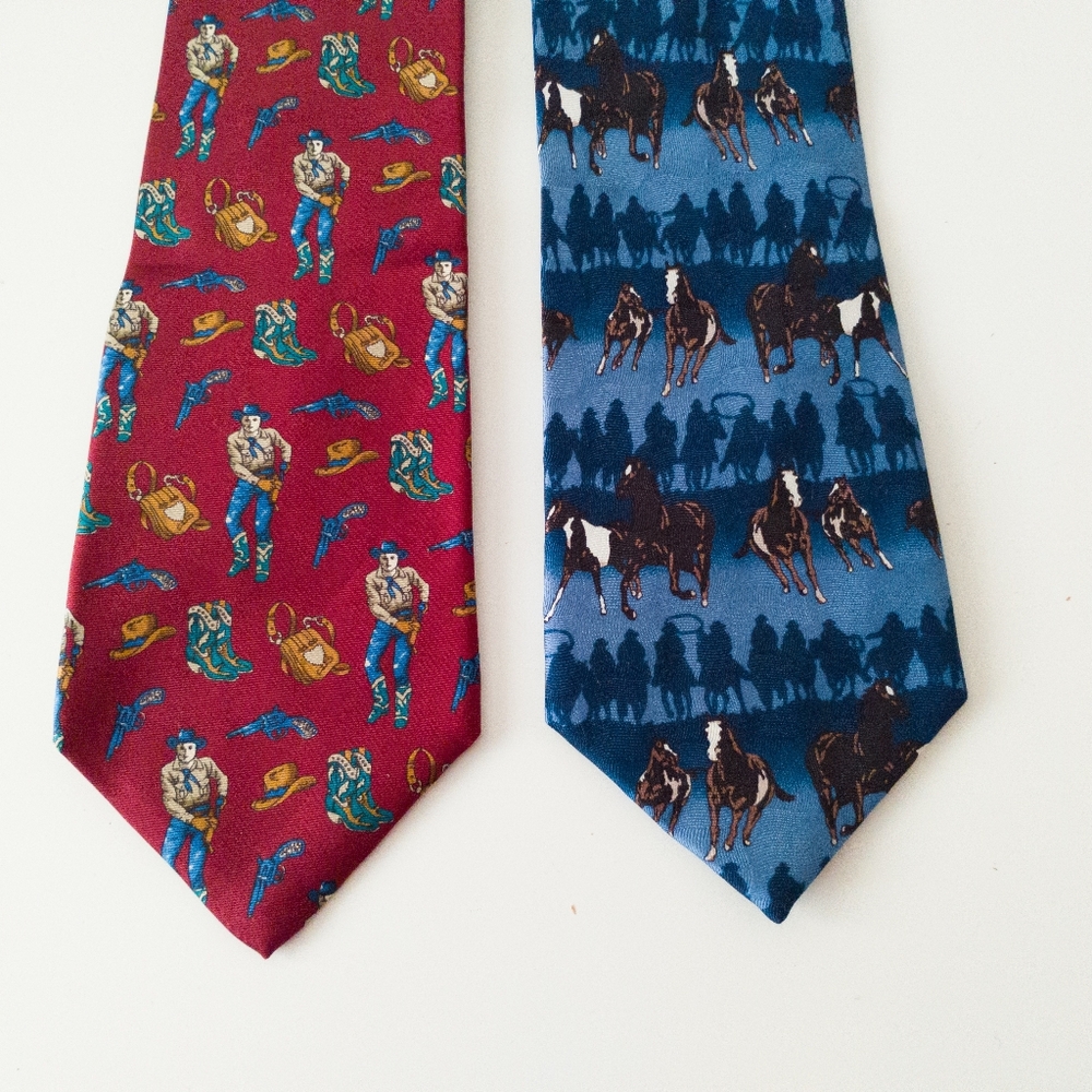 Vintage Western Silk Tie Lot Rooster New Traditions Circle S Cowboy Horse 2PC